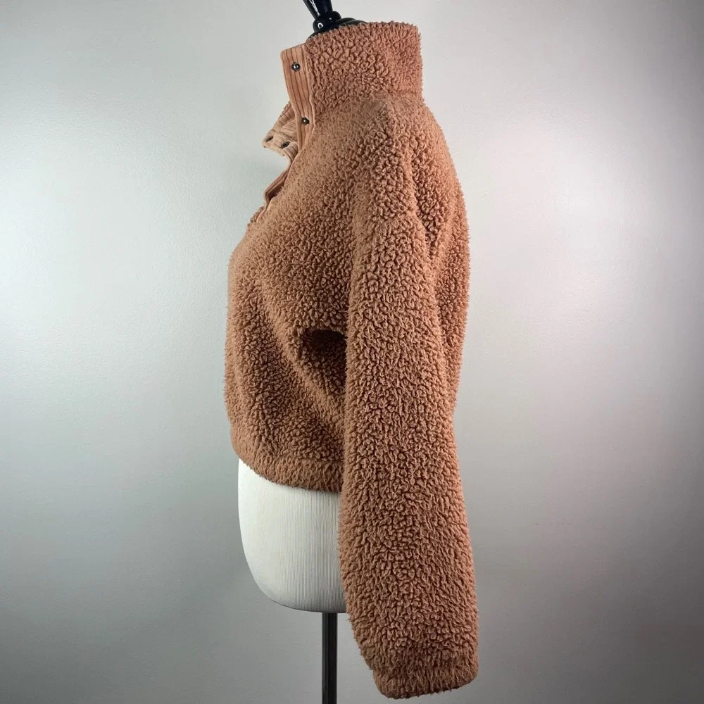 Cozie by Pink Rose Brown Sherpa Fleece Snap Neck Cropped Pullover Sweatshirt S - Picture 2 of 8
